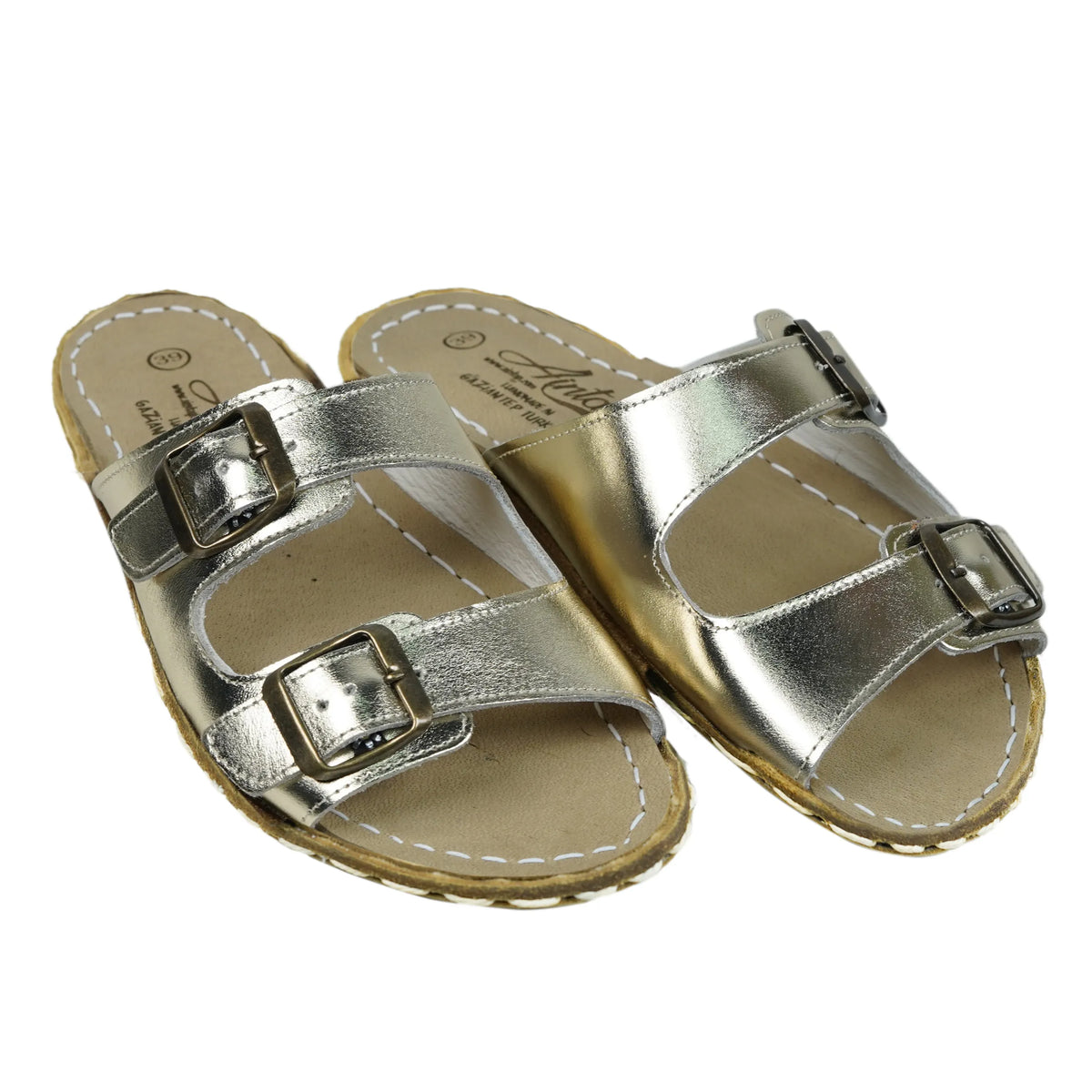 Bright Barefoot Double Strap Sandals Shoes— Leather Sole – Gold