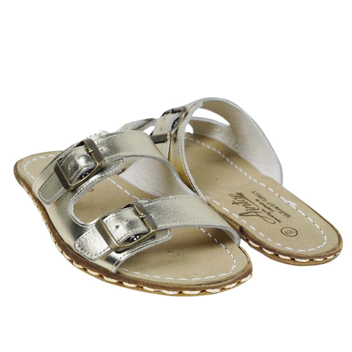 Bright Barefoot Double Strap Sandals Shoes— Leather Sole – Gold