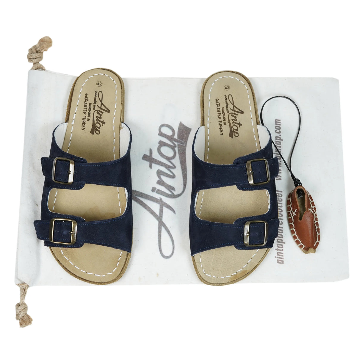 Nubuck Barefoot Double Strap Sandals Shoes — Leather Sole – Navy Blue