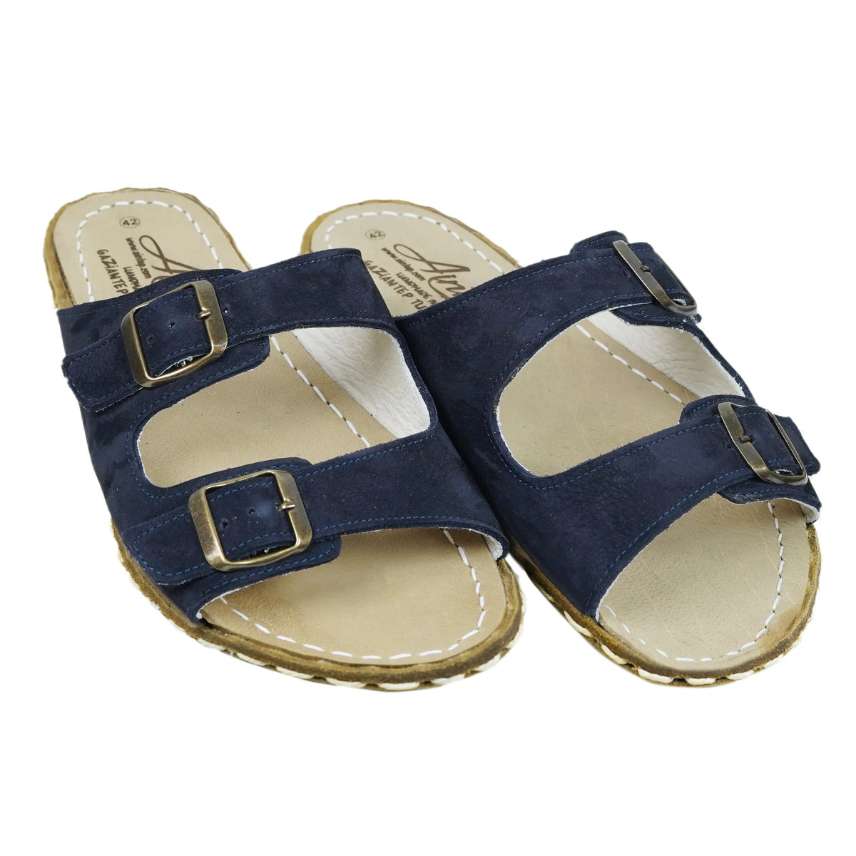 Nubuck Barefoot Double Strap Sandals Shoes — Leather Sole – Navy Blue