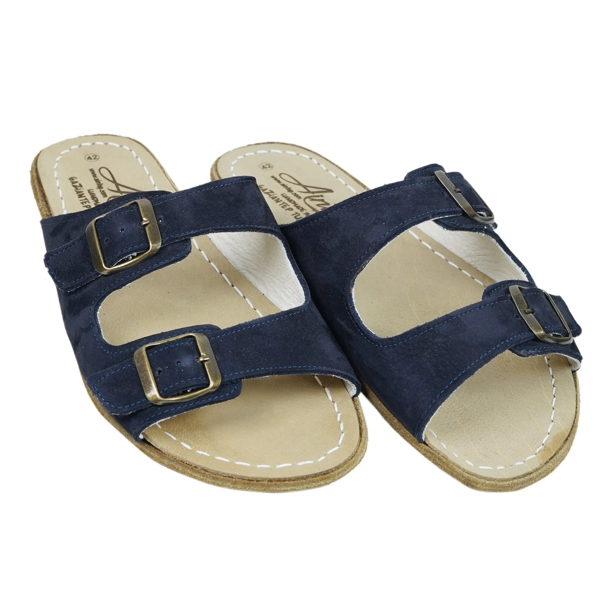 Nubuck Barefoot Double Strap Sandals Shoes – Classic Sole — Leather Sole – Navy Blue