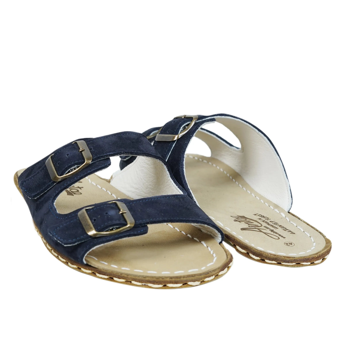 Nubuck Barefoot Double Strap Sandals Shoes — Leather Sole – Navy Blue