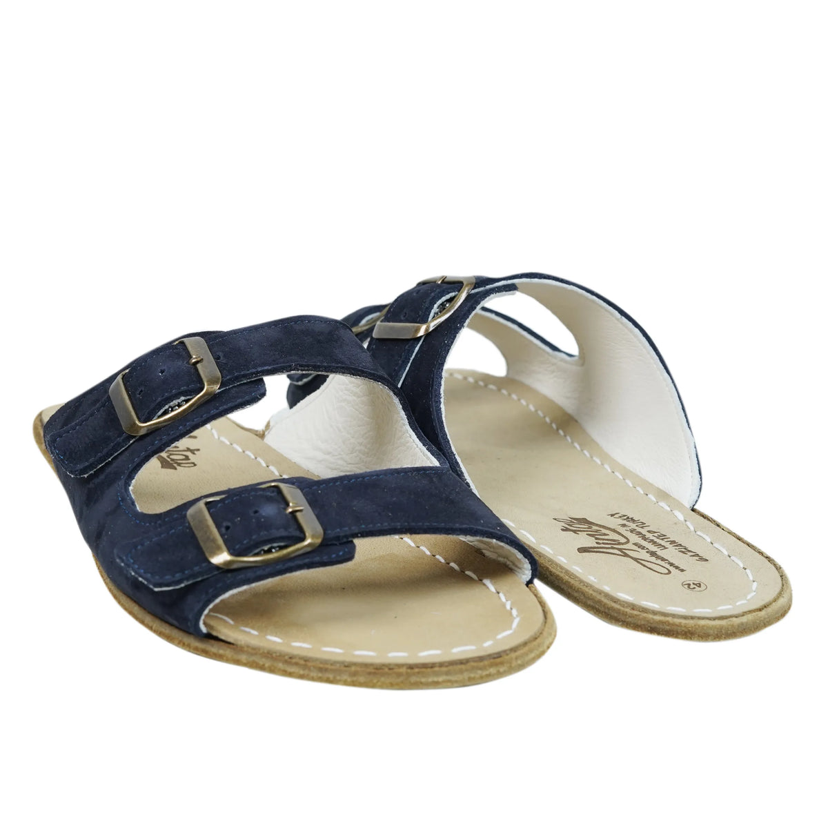 Nubuck Barefoot Double Strap Sandals Shoes – Classic Sole — Leather Sole – Navy Blue