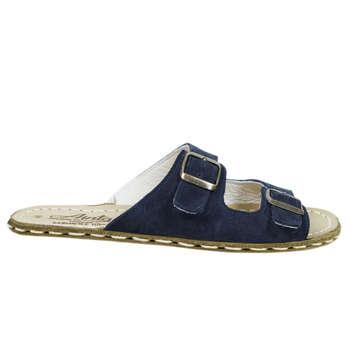 Nubuck Barefoot Double Strap Sandals Shoes — Leather Sole – Navy Blue
