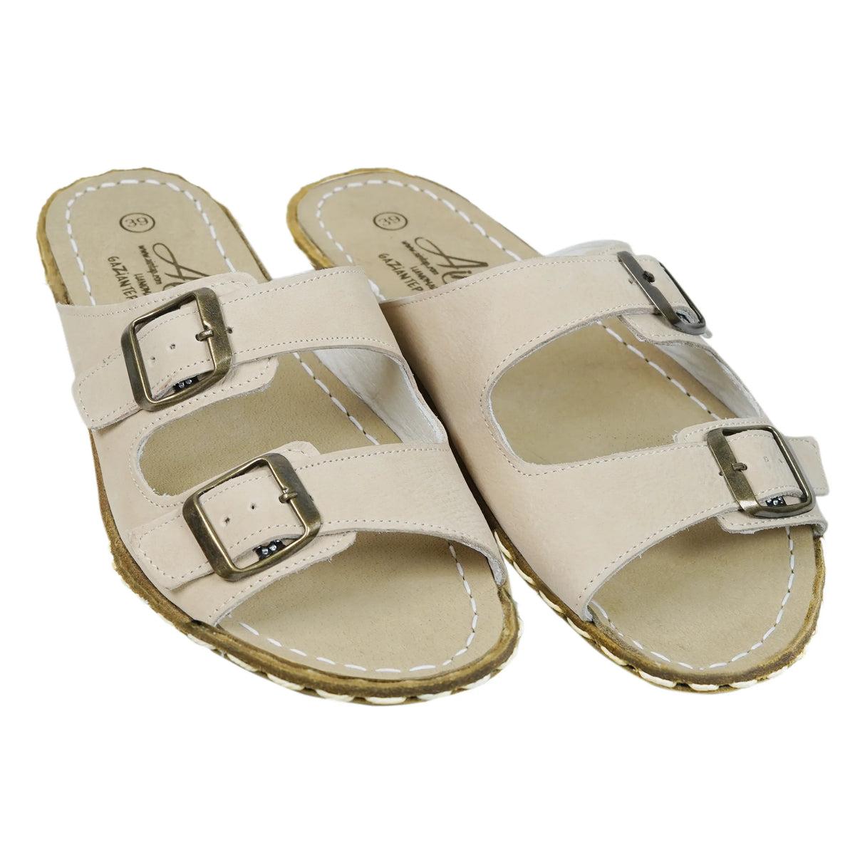 Nubuck Barefoot Double Strap Sandals Shoes — Leather Sole – Cream