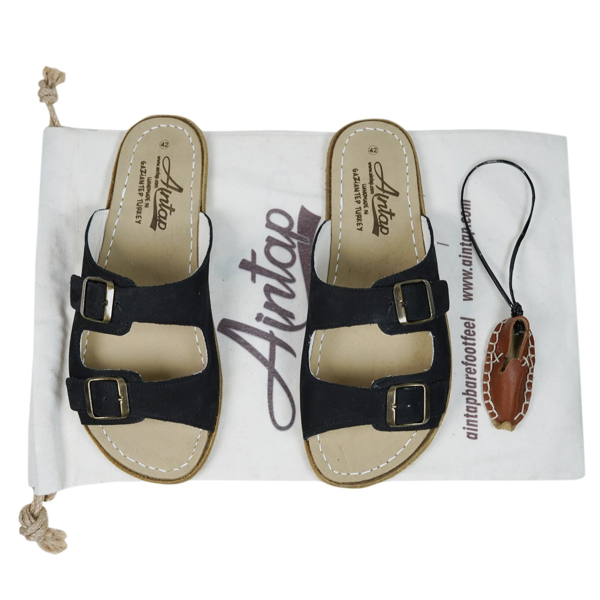 Nubuck Barefoot Double Strap Sandals Shoes — Leather Sole – Black