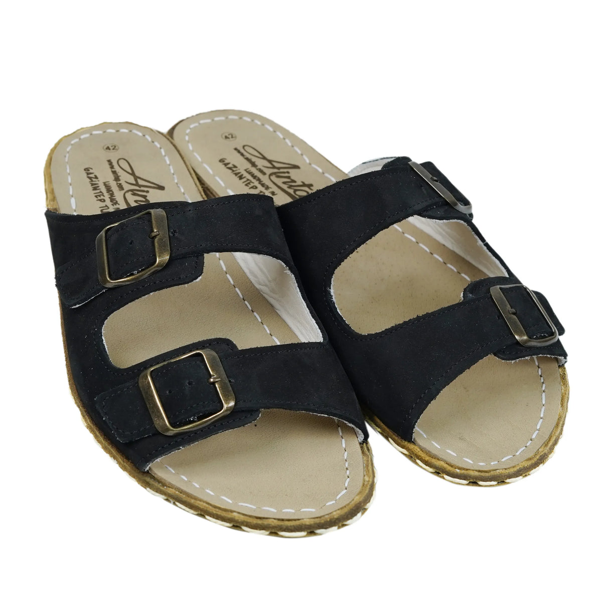 Nubuck Barefoot Double Strap Sandals Shoes — Leather Sole – Black