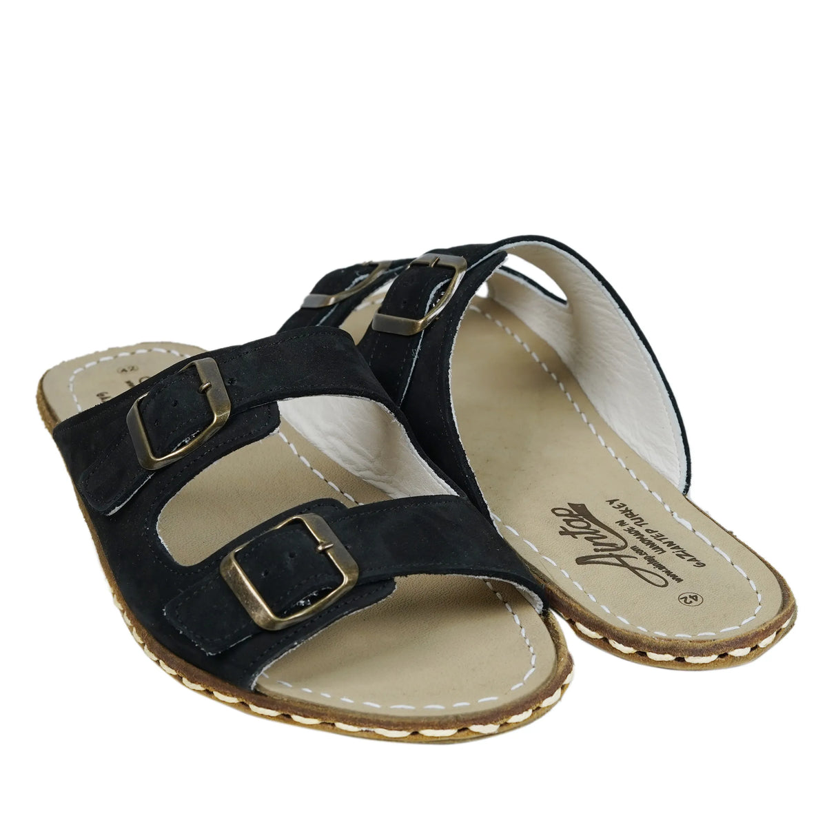 Nubuck Barefoot Double Strap Sandals Shoes — Leather Sole – Black