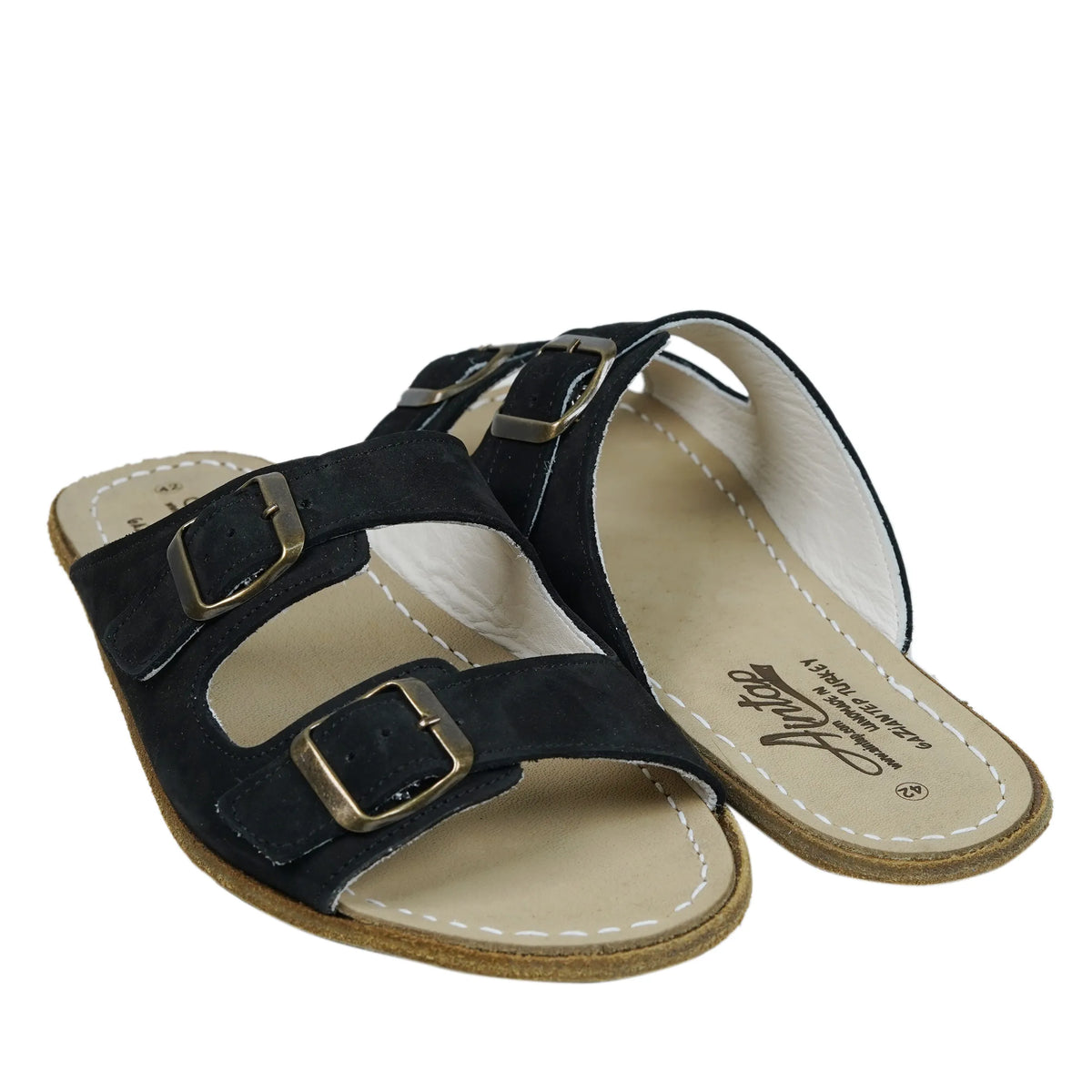 Nubuck Barefoot Double Strap Sandals Shoes – Classic Sole — Leather Sole – Black