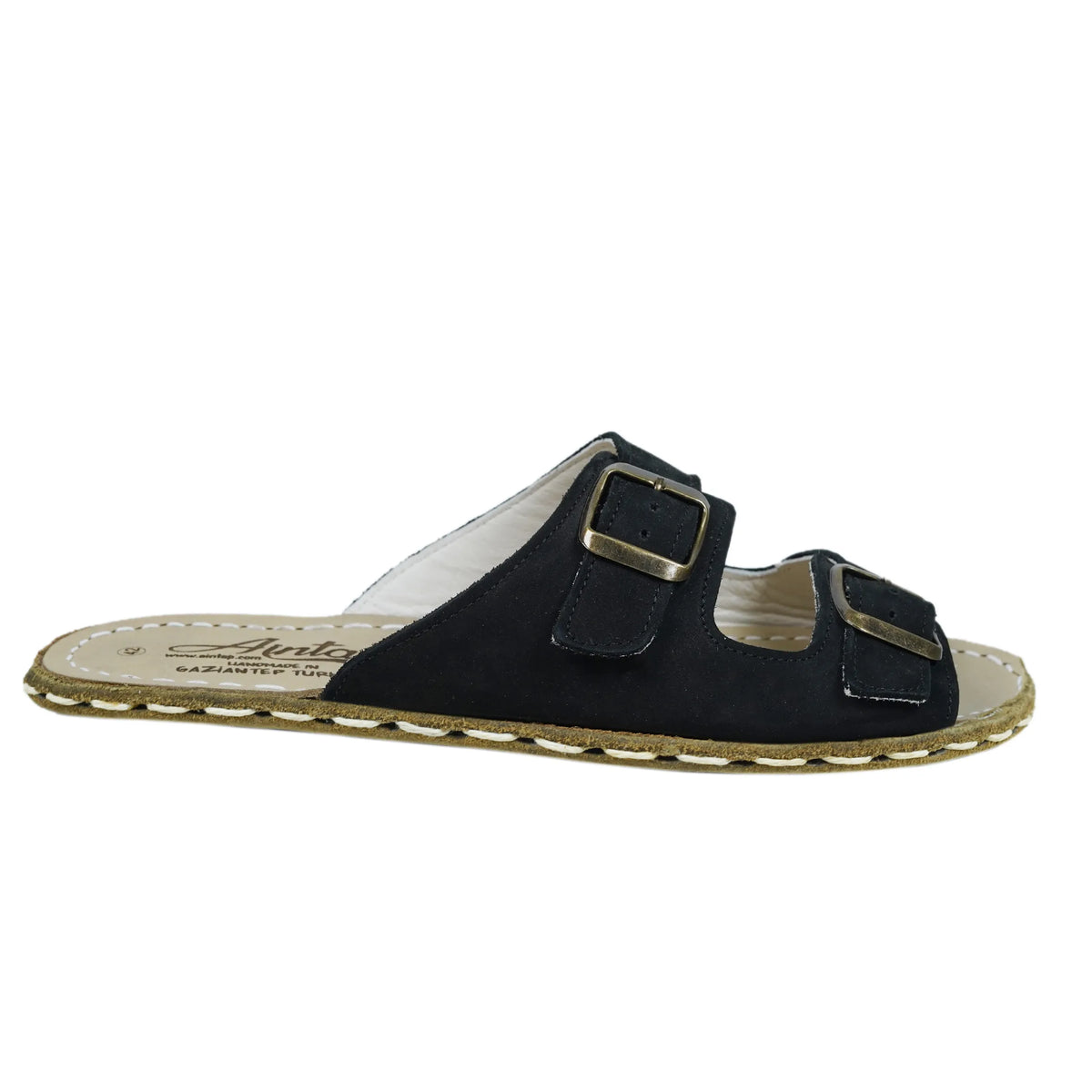Nubuck Barefoot Double Strap Sandals Shoes — Leather Sole – Black