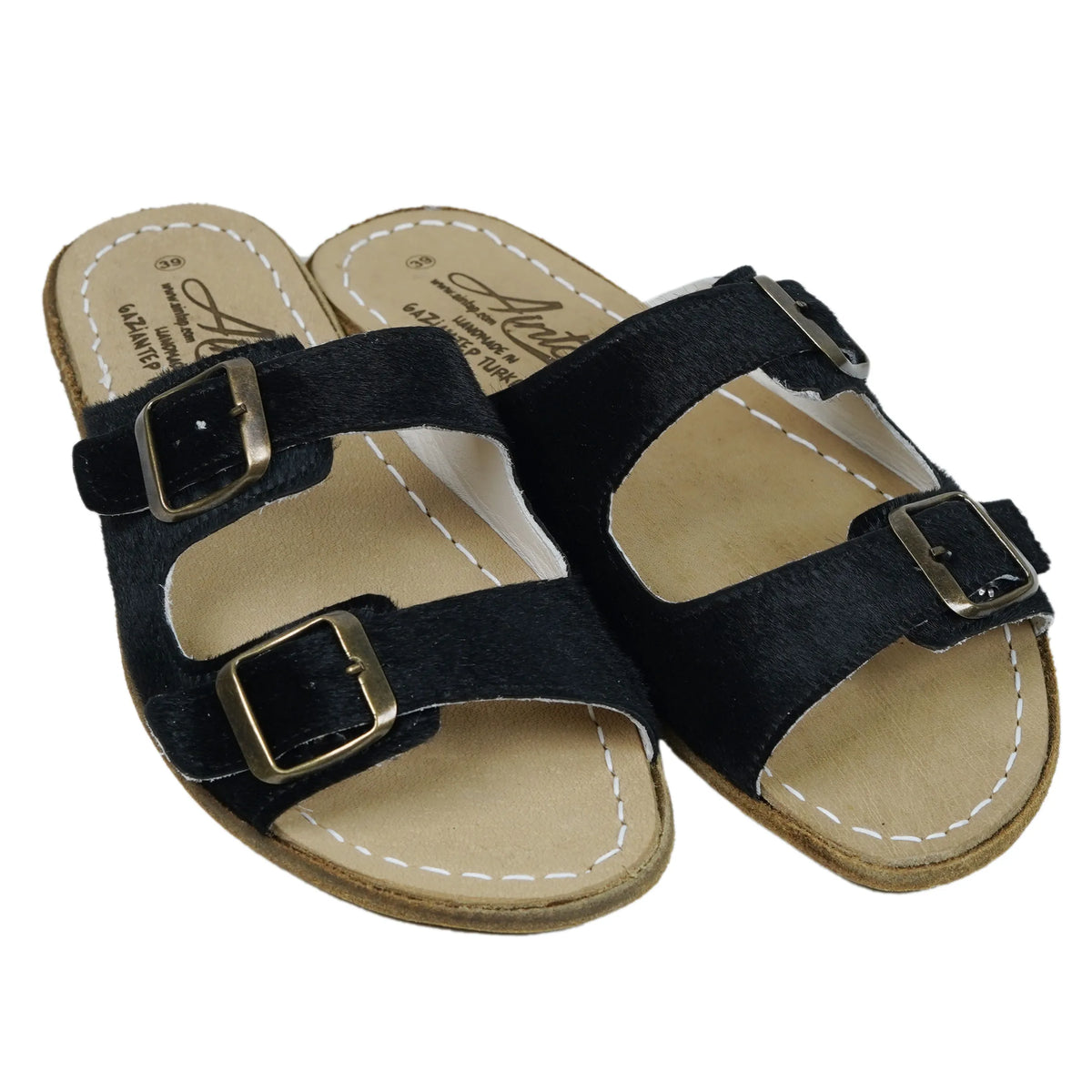 Hair Barefoot Double Strap Sandals Shoes - Classic Sole - Leather Sole – Black