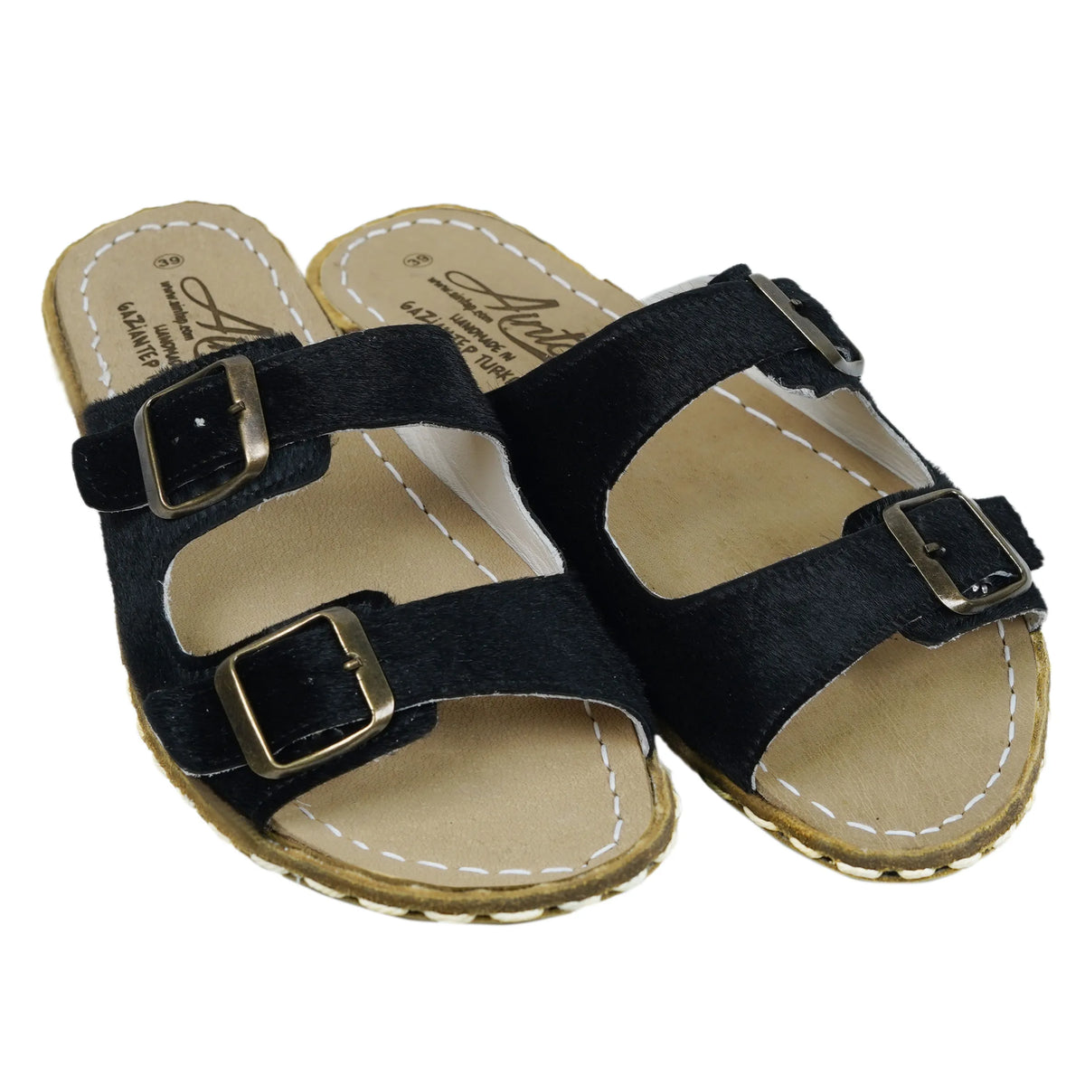 Hair Barefoot Double Strap Sandals Shoes – Leather Sole – Black