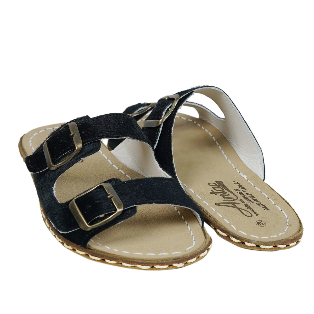 Hair Barefoot Double Strap Sandals Shoes — Leather Sole – Black
