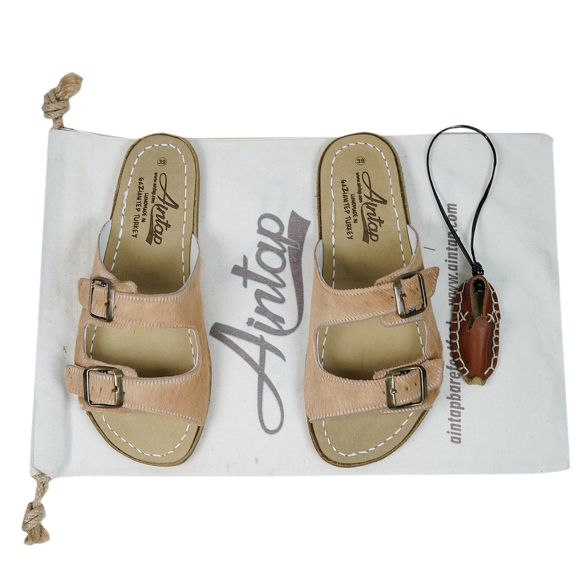 Hair Barefoot Double Strap Sandals Shoes — Leather Sole – Beige Undyed