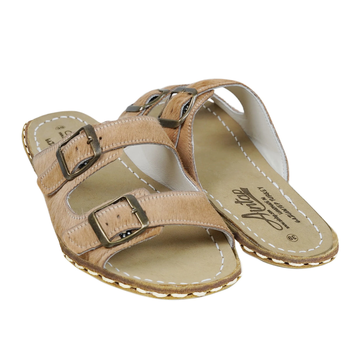 Hair Barefoot Double Strap Sandals Shoes — Leather Sole – Beige Undyed