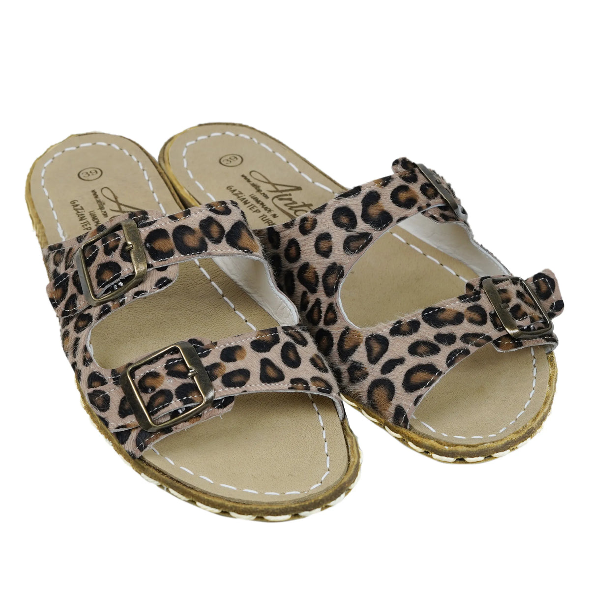 Hair Barefoot Double Strap Sandals Shoes — Leather Sole – Leopard