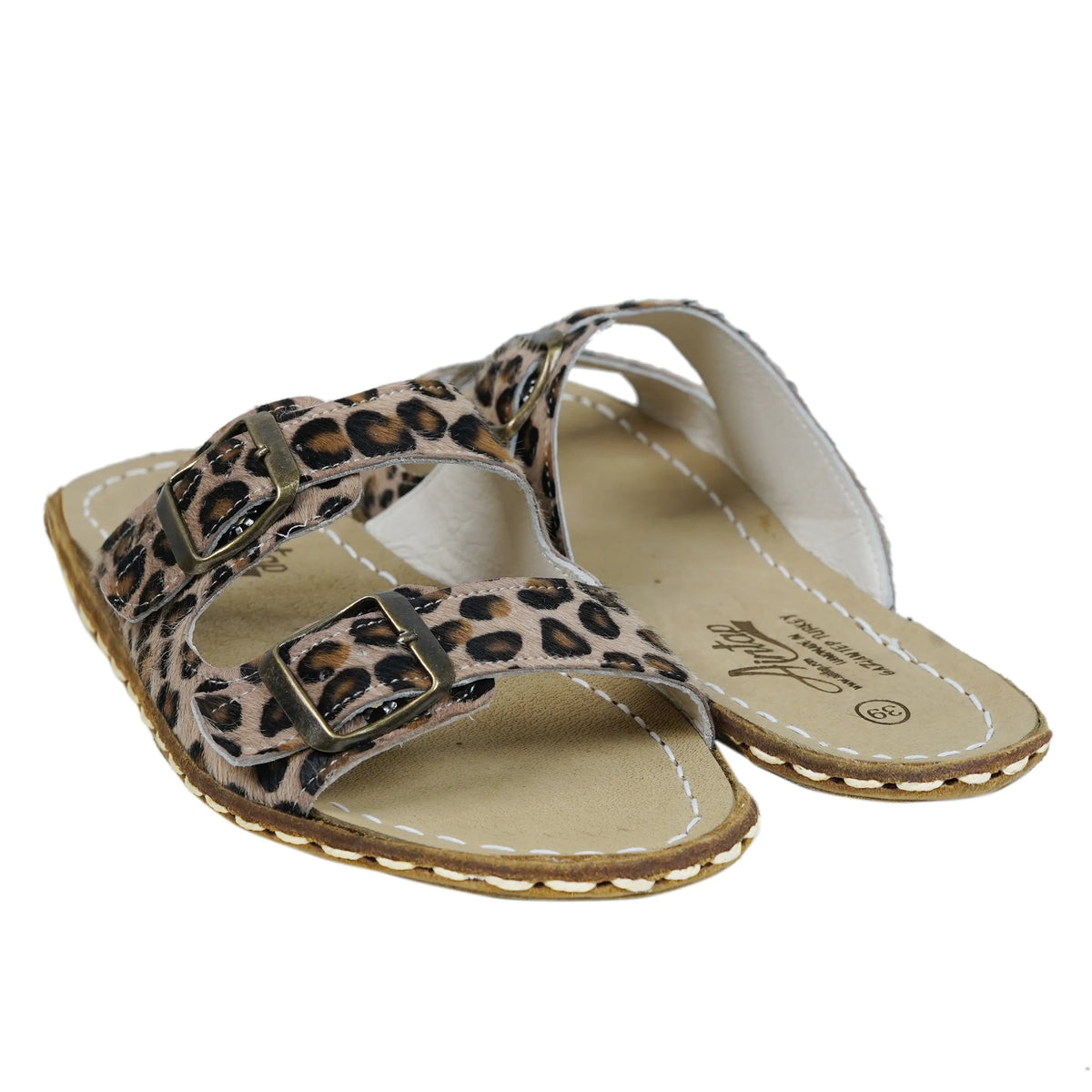 Hair Barefoot Double Strap Sandals Shoes — Leather Sole – Leopard