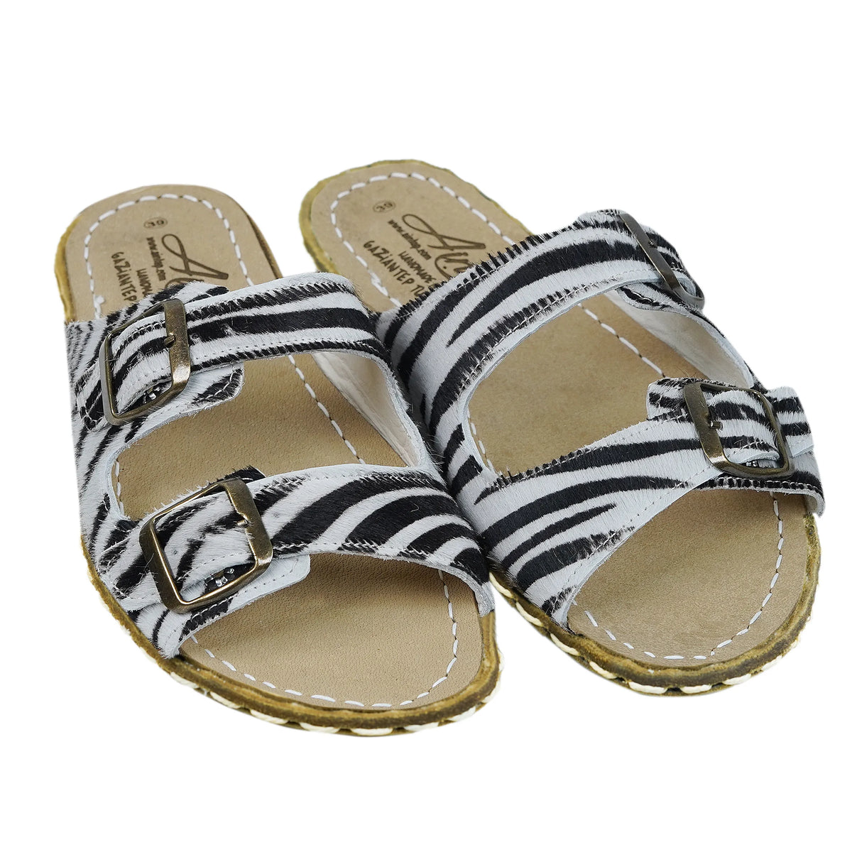 Hair Barefoot Double Strap Sandals Shoes — Leather Sole – Zebra