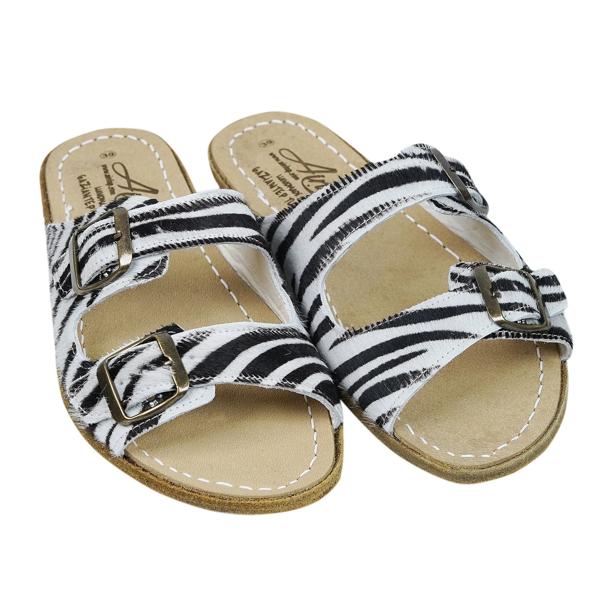 Hair Barefoot Double Strap Sandals Shoes – Classic Sole — Leather Sole – Zebra