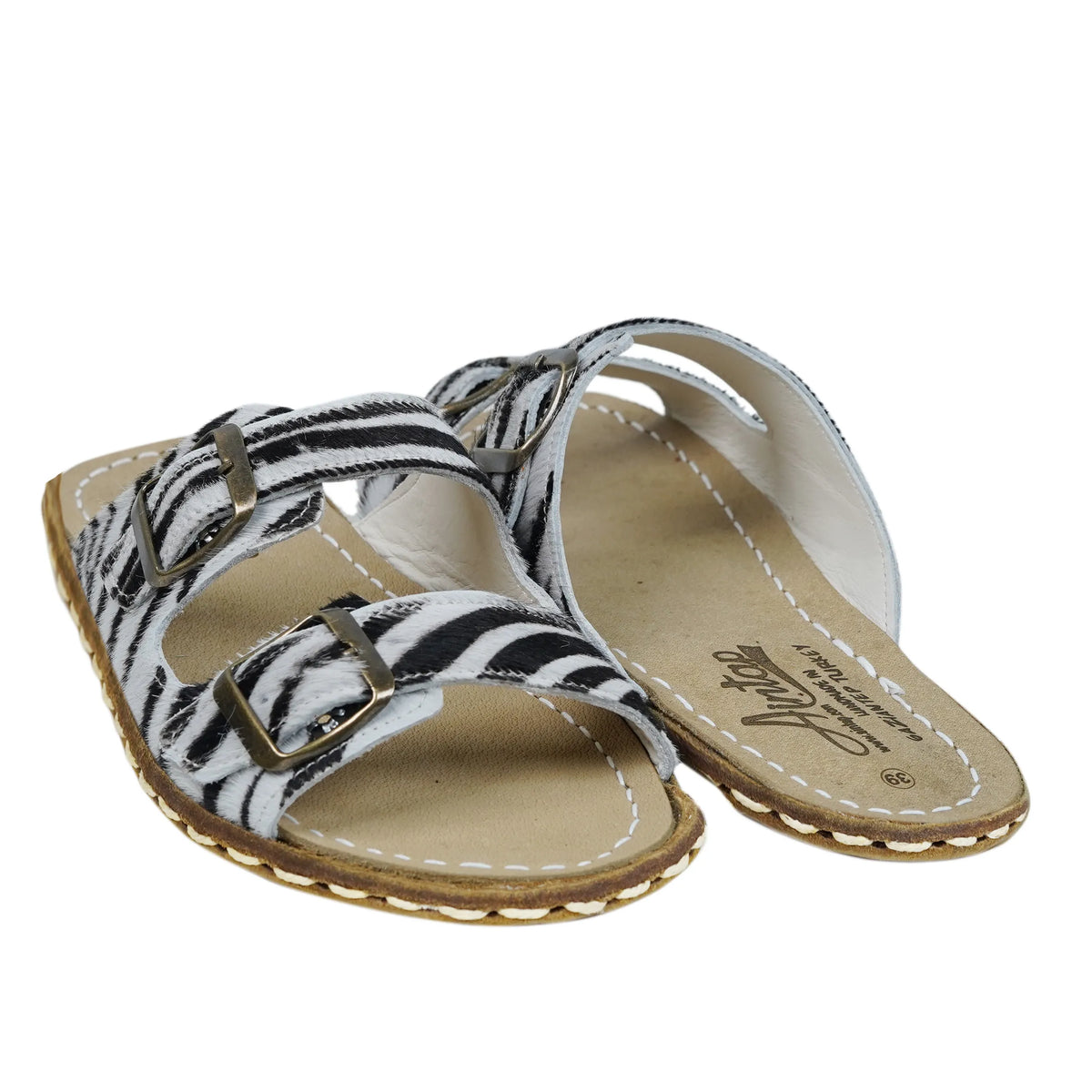 Hair Barefoot Double Strap Sandals Shoes — Leather Sole – Zebra
