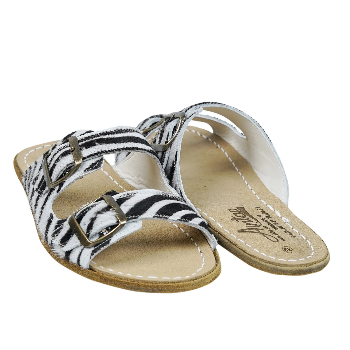 Hair Barefoot Double Strap Sandals Shoes – Classic Sole — Leather Sole – Zebra