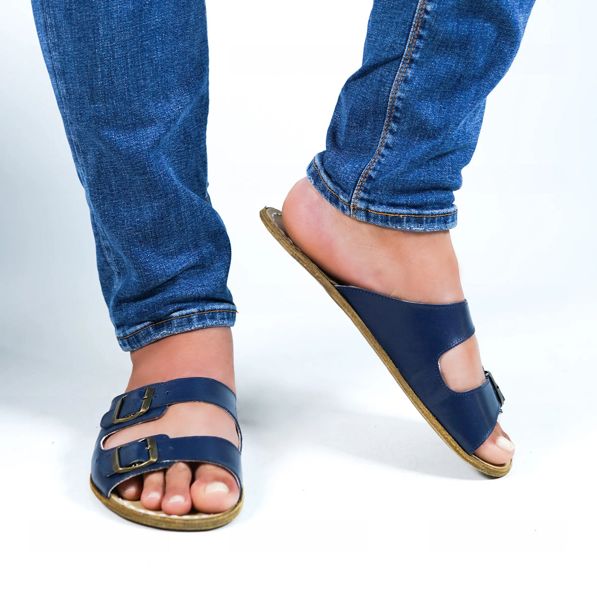 Smooth Barefoot Double Strap Sandals Shoes – Classic Sole — Leather Sole – Navy Blue