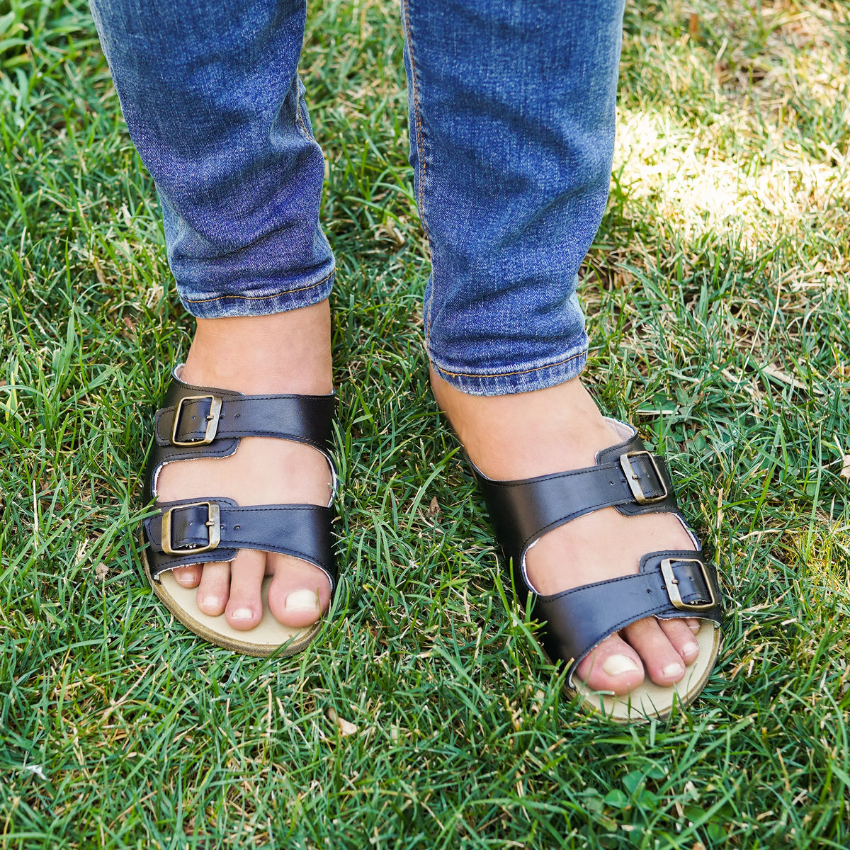 Smooth Barefoot Double Strap Sandals Shoes – Classic Sole — Leather Sole – Black