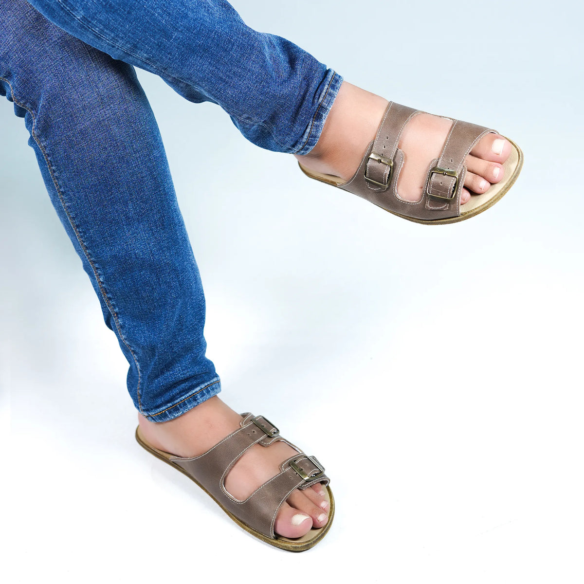 Crazy Barefoot Double Strap Sandals Shoes – Classic Sole — Leather Sole – Beige Bizon