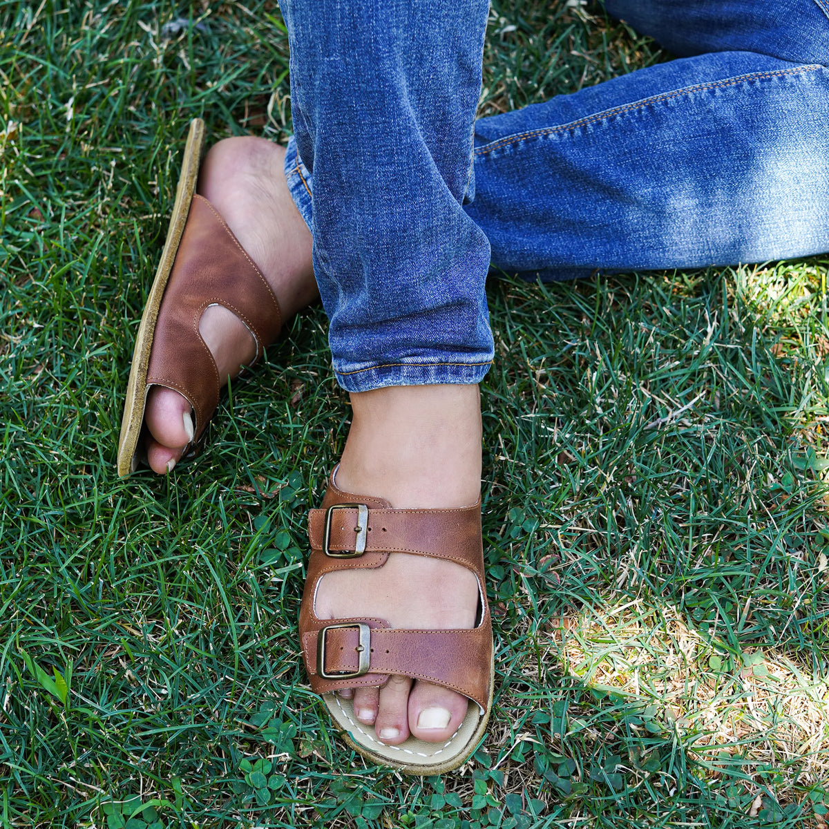 Crazy Barefoot Double Strap Sandals Shoes – Classic Sole — Leather Sole – Brown