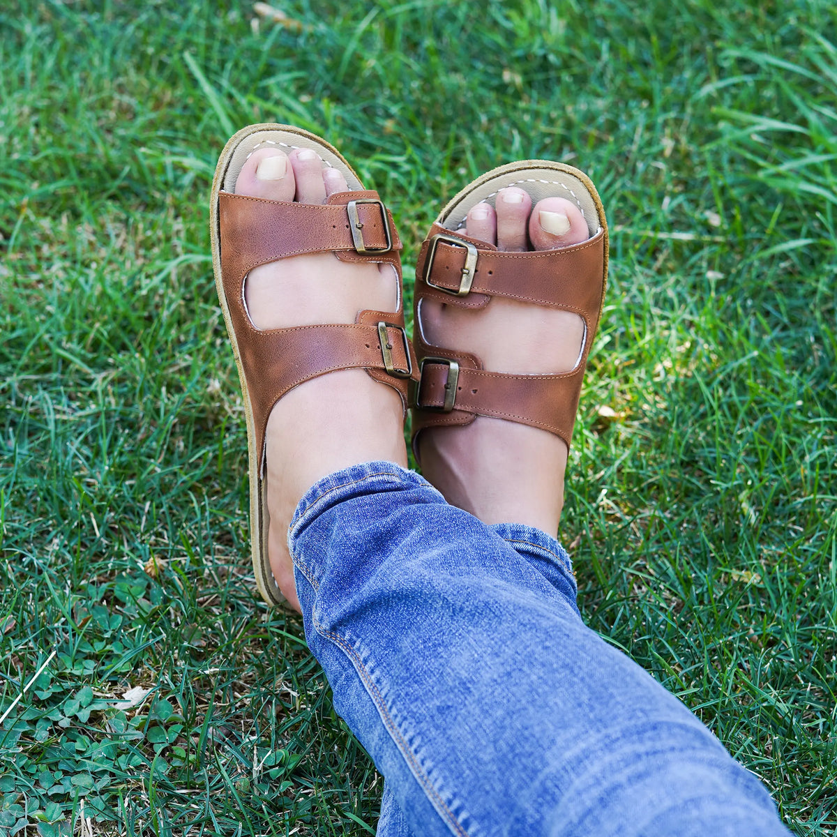 Crazy Barefoot Double Strap Sandals Shoes – Classic Sole — Leather Sole – Brown