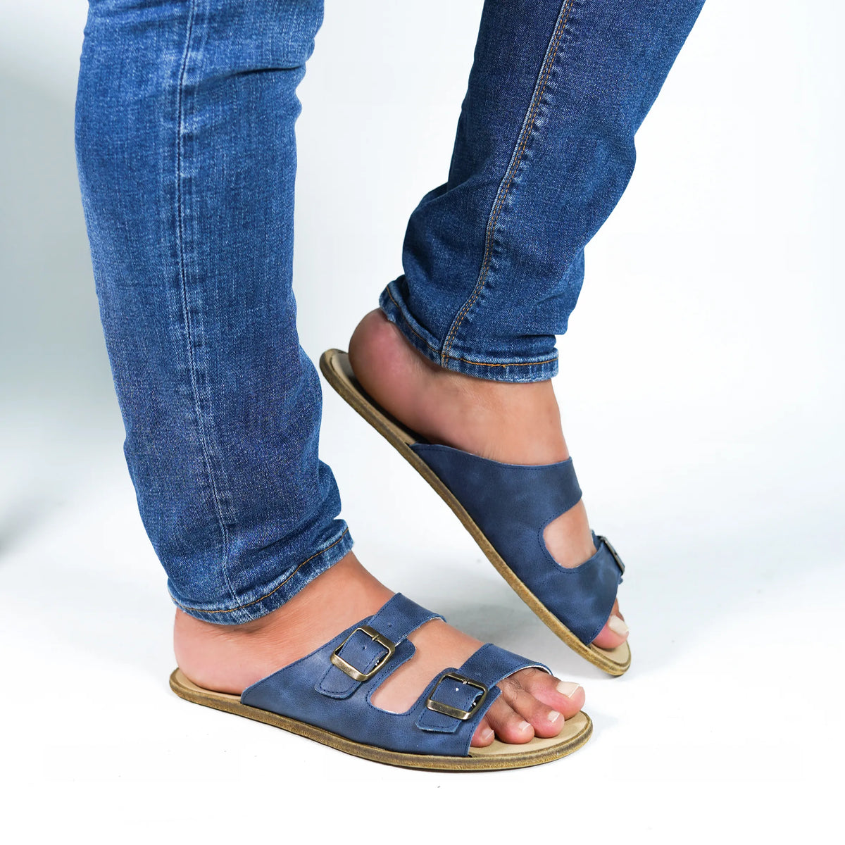 Crazy Barefoot Double Strap Sandals Shoes – Classic Sole — Leather Sole – Navy Blue