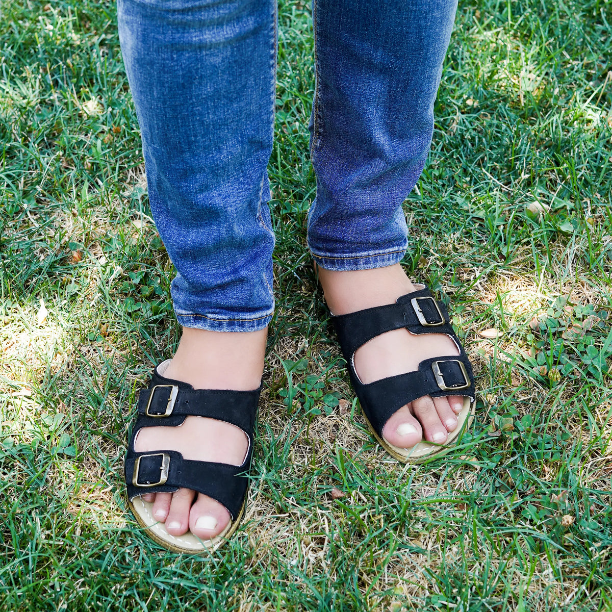 Nubuck Barefoot Double Strap Sandals Shoes – Classic Sole — Leather Sole – Black