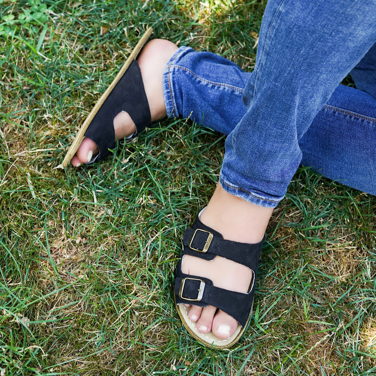 Nubuck Barefoot Double Strap Sandals Shoes – Classic Sole — Leather Sole – Black