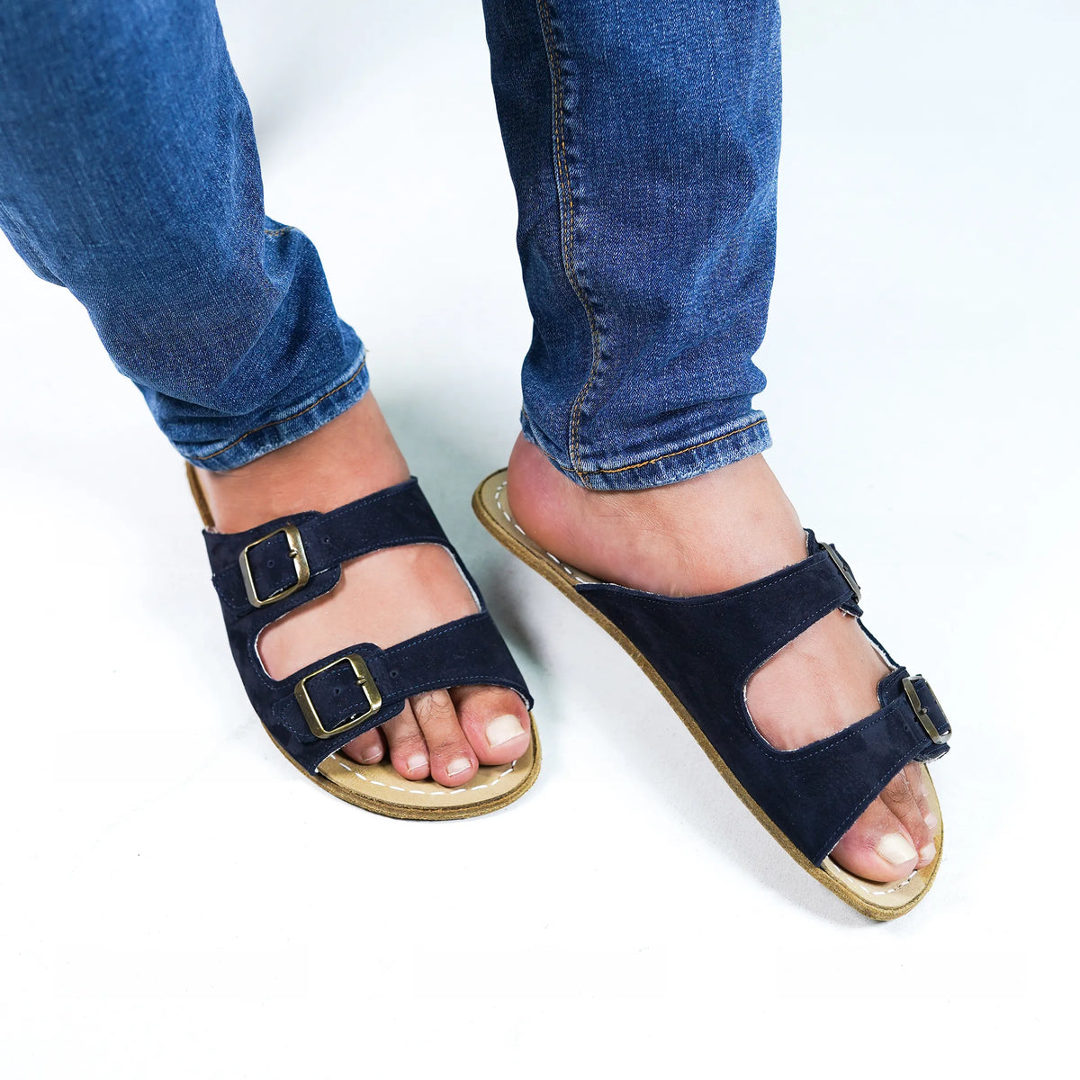 Nubuck Barefoot Double Strap Sandal Shoes – Classic Sole — Leather Sole – Navy Blue