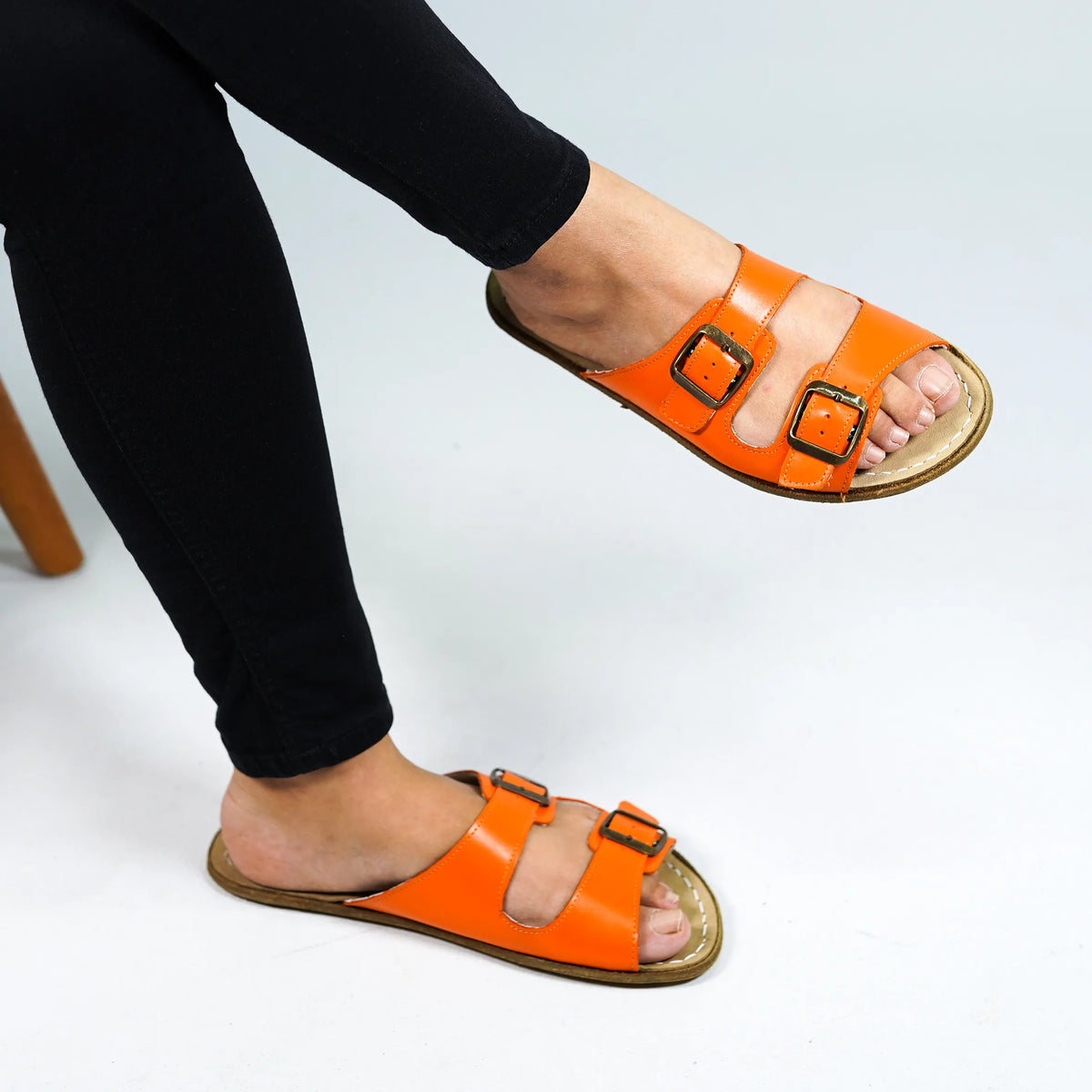 Smooth Barefoot Double Strap Sandals Shoes – Classic Sole — Leather Sole – Orange