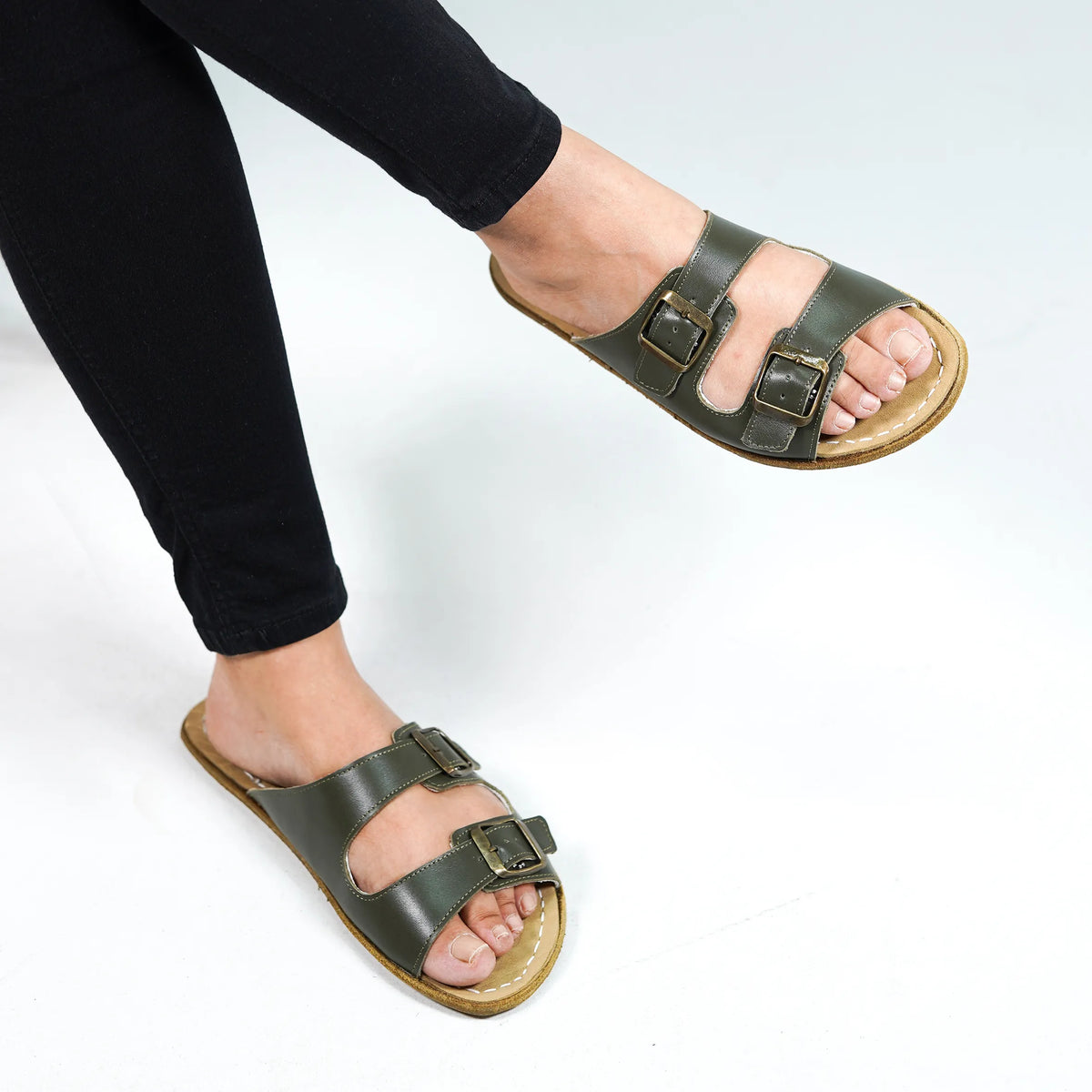 Smooth Barefoot Double Strap Sandals Shoes – Classic Sole — Leather Sole – Olive Green