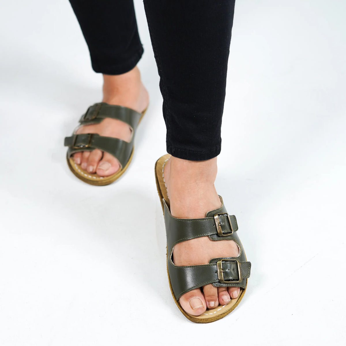 Smooth Barefoot Double Strap Sandals Shoes – Classic Sole — Leather Sole – Olive Green