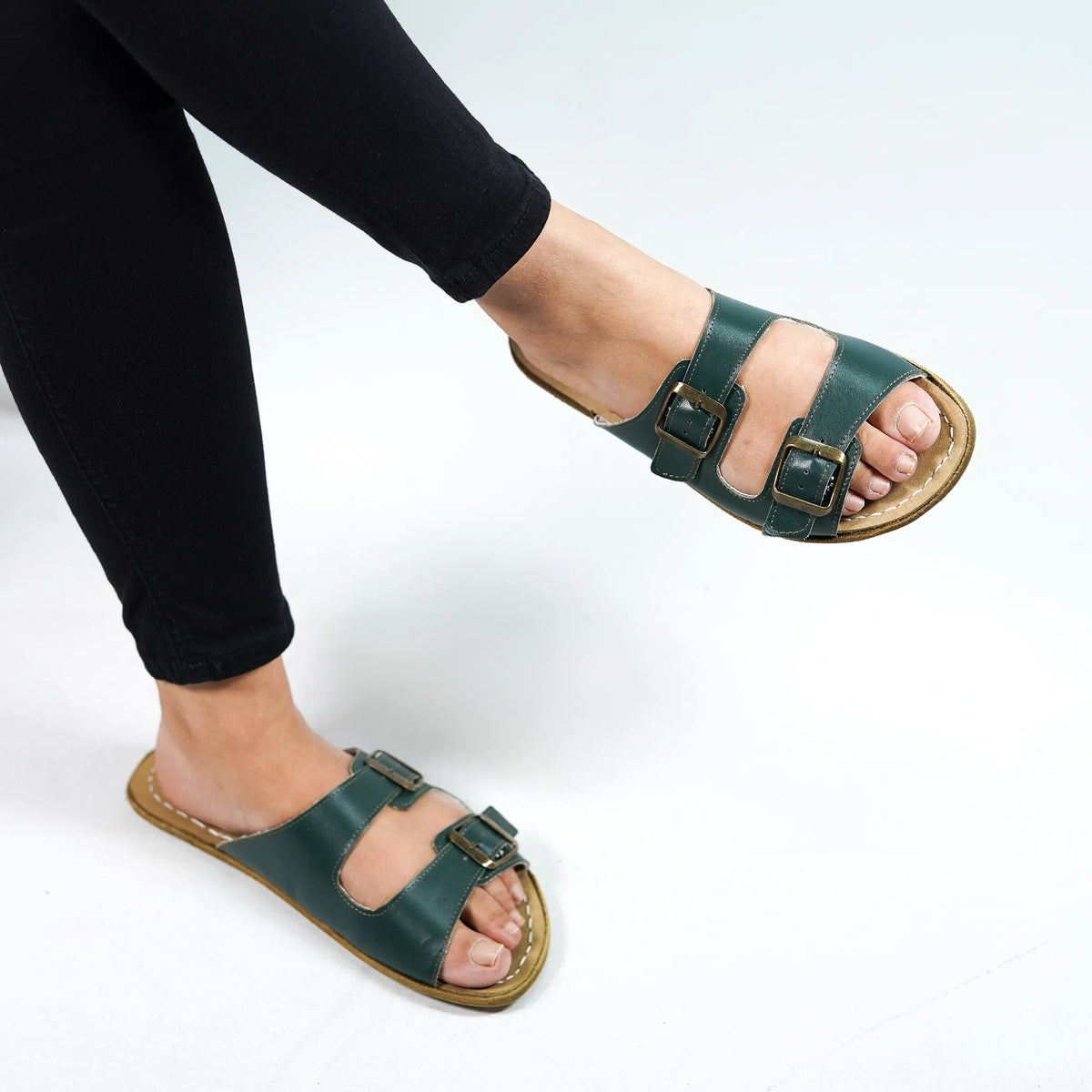 Smooth Barefoot Double Strap Sandals Shoes – Classic Sole — Leather Sole – Green
