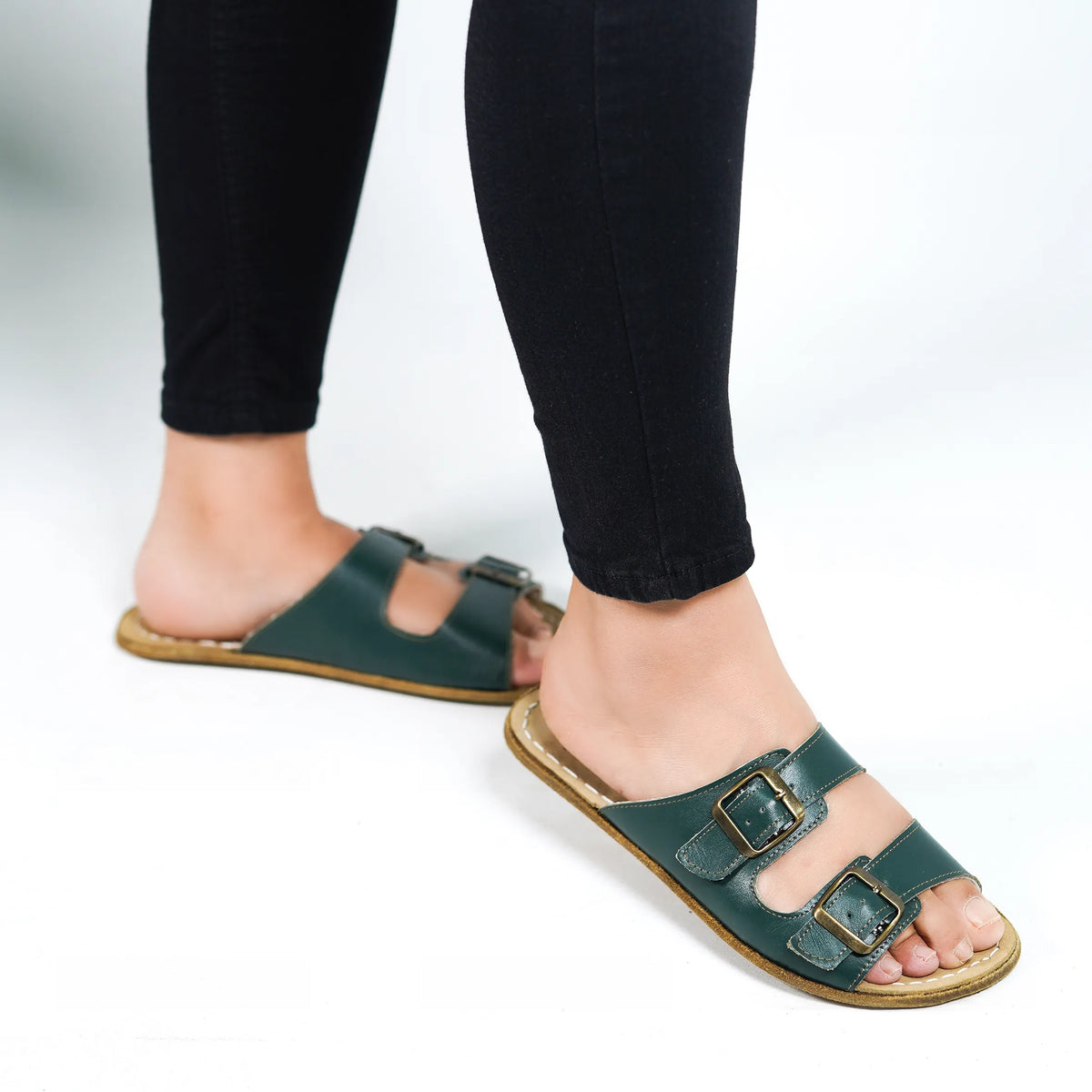 Smooth Barefoot Double Strap Sandals Shoes – Classic Sole — Leather Sole – Green
