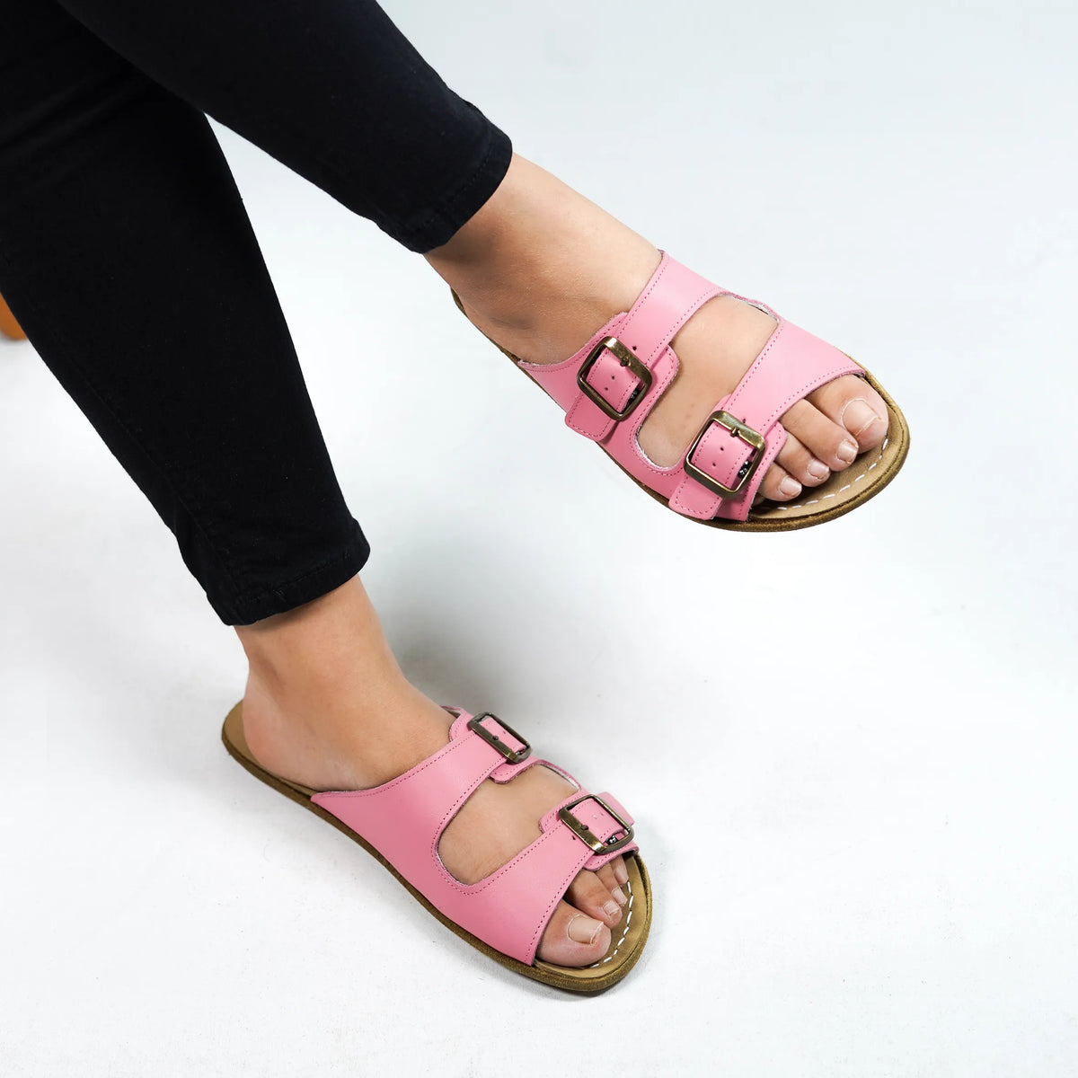 Smooth Barefoot Double Strap Sandals Shoes – Classic Sole — Leather Sole – Pink