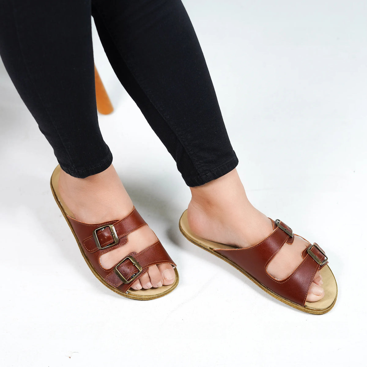 Smooth Barefoot Double Strap Sandals Shoes – Classic Sole — Leather Sole – Brown