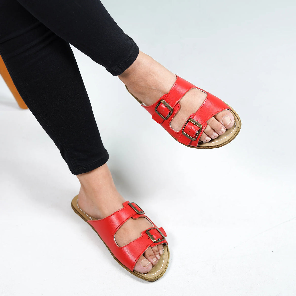 Smooth Barefoot Double Strap Sandals Shoes – Classic Sole — Leather Sole – Red