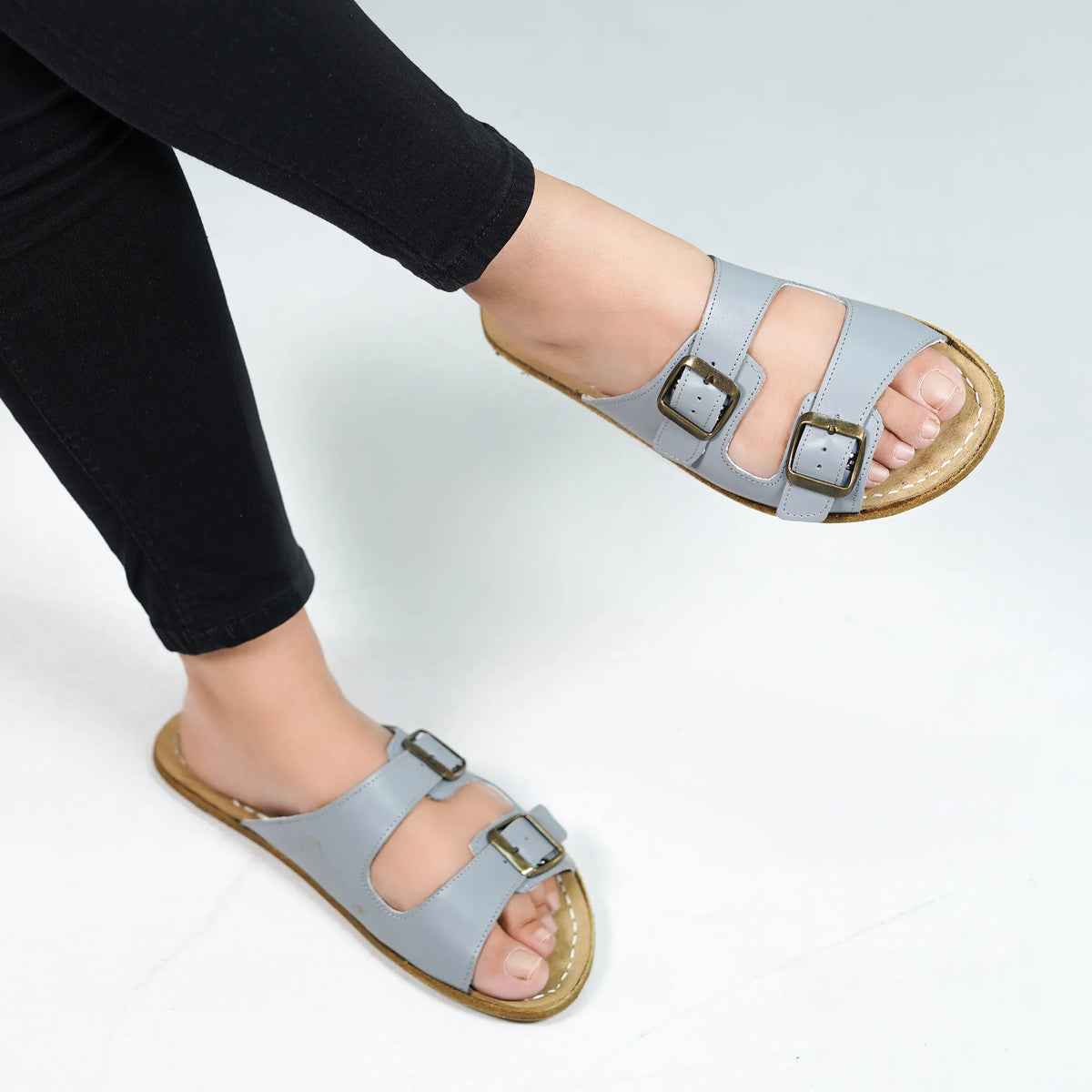 Smooth Barefoot Double Strap Sandals Shoes – Classic Sole — Leather Sole – Gray