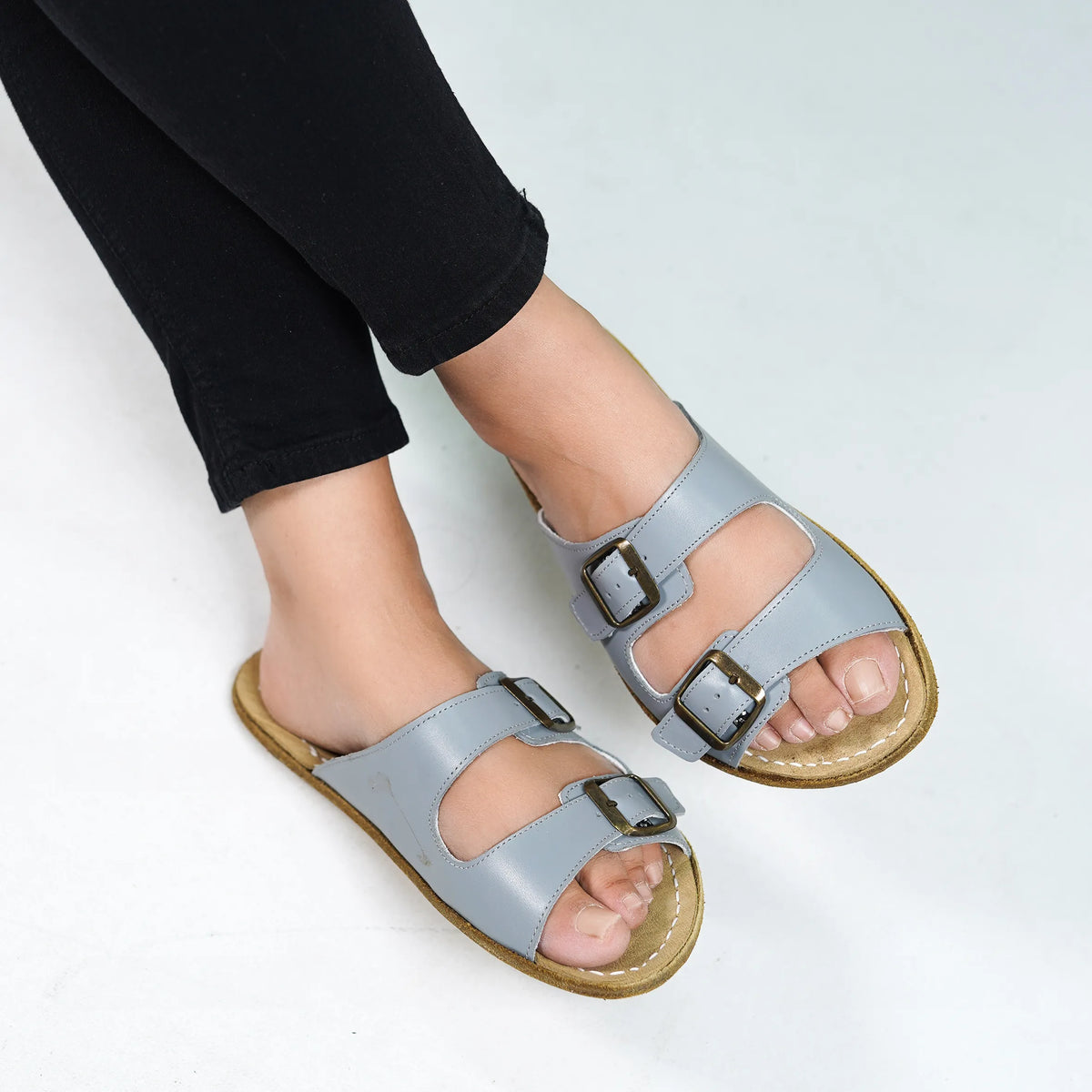 Smooth Barefoot Double Strap Sandals Shoes – Classic Sole — Leather Sole – Gray