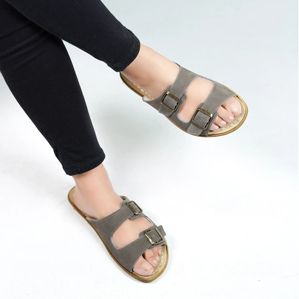 Nubuck Barefoot Double Strap Sandals Shoes – Classic Sole — Leather Sole – Gray
