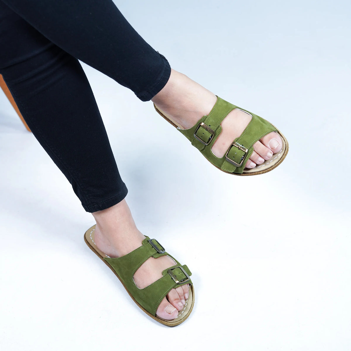 Nubuck Barefoot Double Strap Sandal Shoes – Classic Sole — Leather Sole – Green