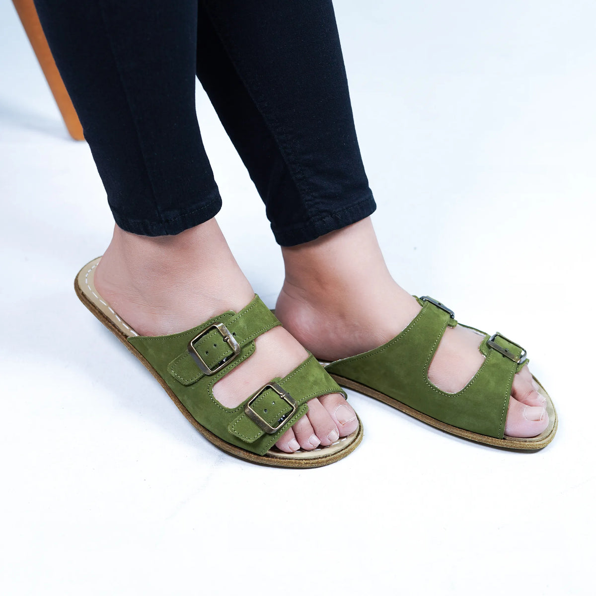 Nubuck Barefoot Double Strap Sandals Shoes – Classic Sole — Leather Sole – Green