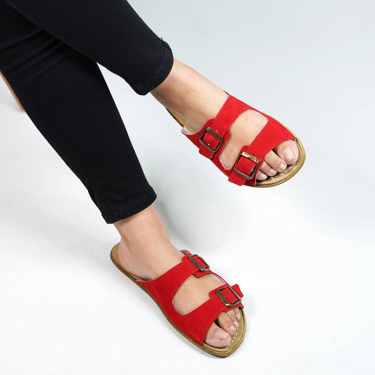 Nubuck Barefoot Double Strap Sandal Shoes – Classic Sole — Leather Sole – Red