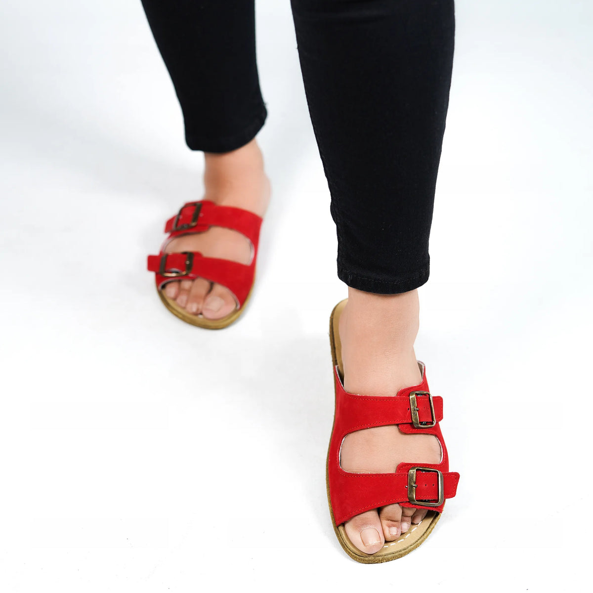 Nubuck Barefoot Double Strap Sandal Shoes – Classic Sole — Leather Sole – Red