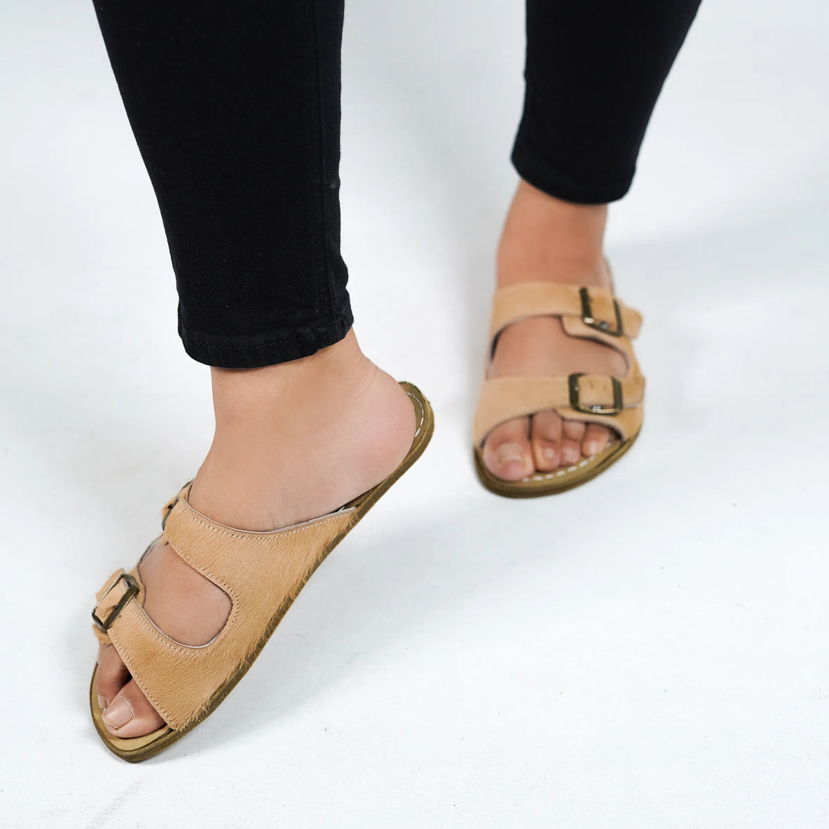 Hair Barefoot Double Strap Sandals Shoes – Classic Sole — Leather Sole – Beige Undyed
